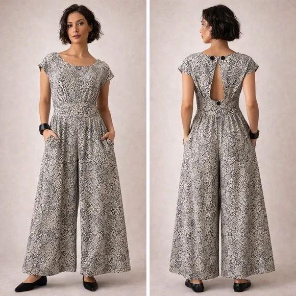 Anthropologie Annie 50 Open Back Wide Leg Drape Jumpsuit L Made in Canada - Picture 1 of 14